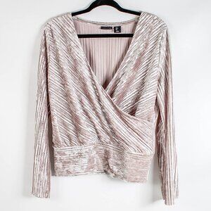 Tahari Large Dusty Beige Pleated Velvet Faux Wrap Top Blouse